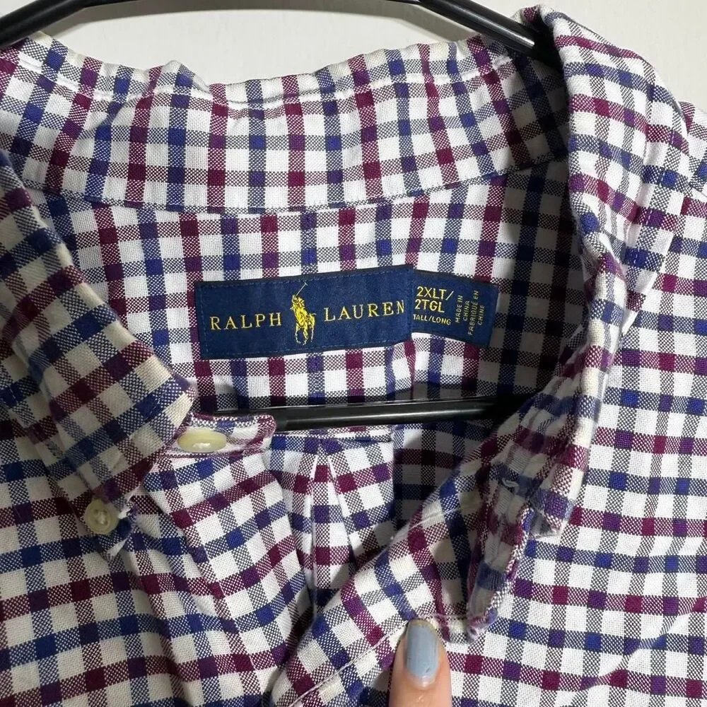 Polo Ralph Lauren Button Down Shirt 2XL Maroon Blue Plaid Check Long Sleeve Top
